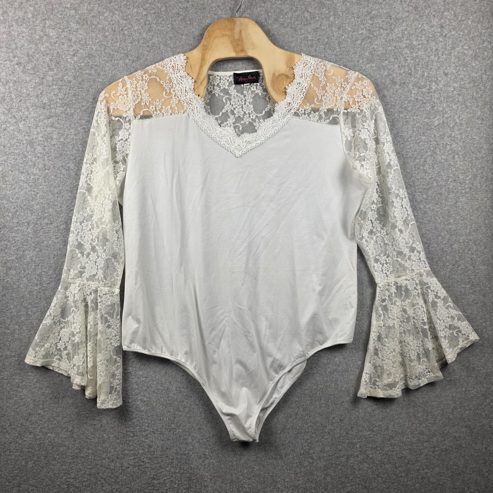 Hanna Nikole Bodysuit Womens 24W White Lace Bell Sleeve Stretch Sheer Plus